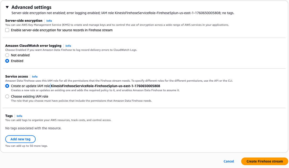 Advance settings for cloudwatch loggings